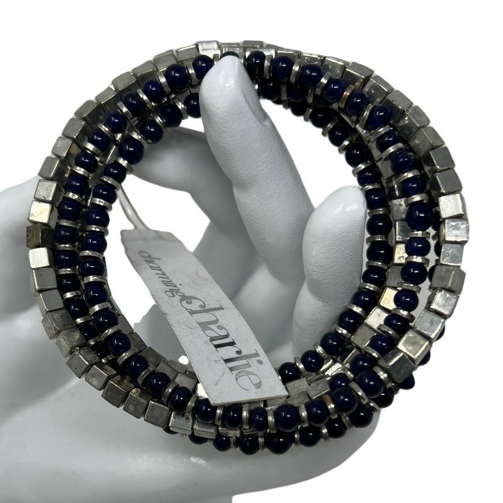 Charming Charlie Bracelet‎ Silver Tone Blue Breads Wrap Around